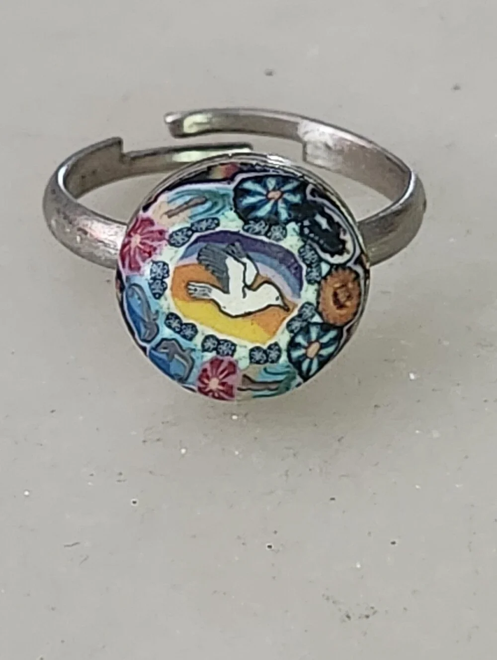 Hand-Painted White Dove Floral Adjustable Ring - Multicolor